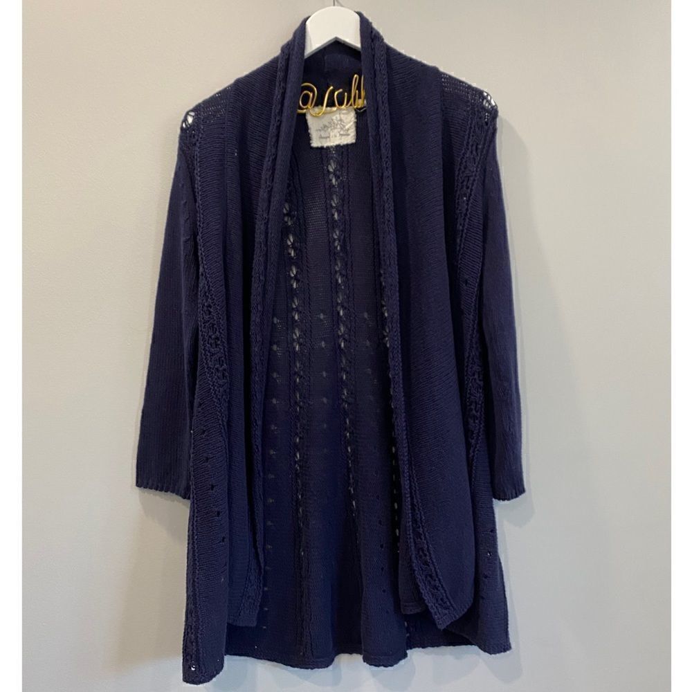 Anthropologie Angel Of The North  Shawl Collar Navy Blue Open Cardigan